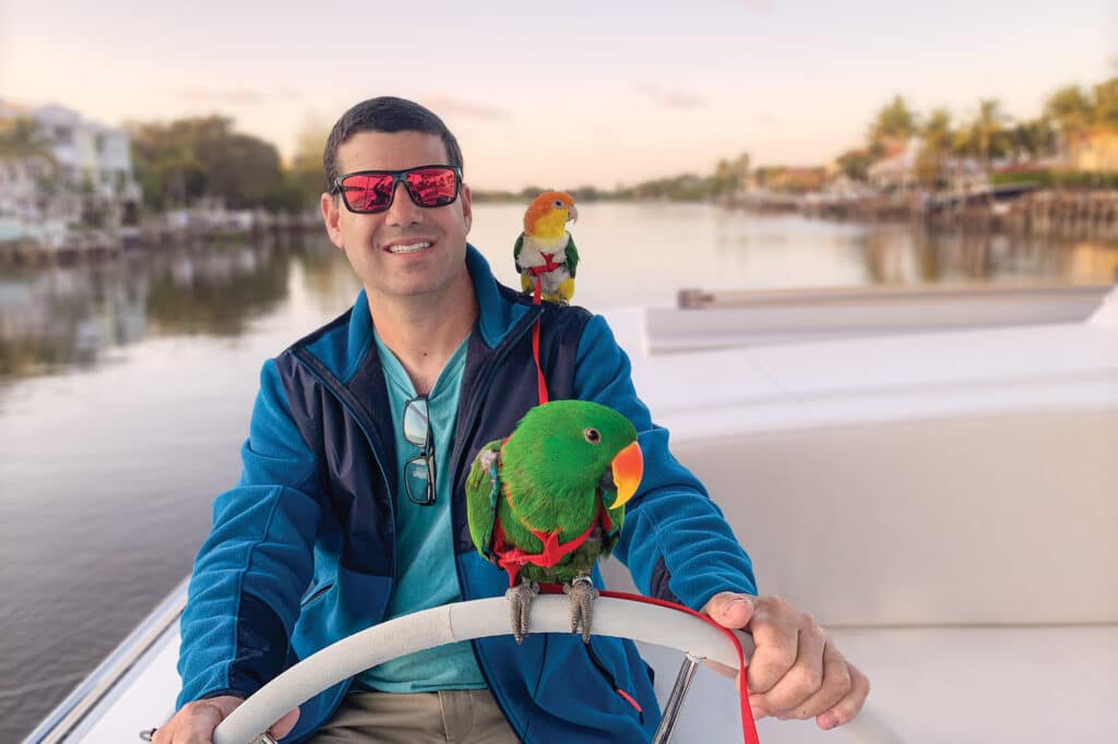 Man steering a yacht with birds